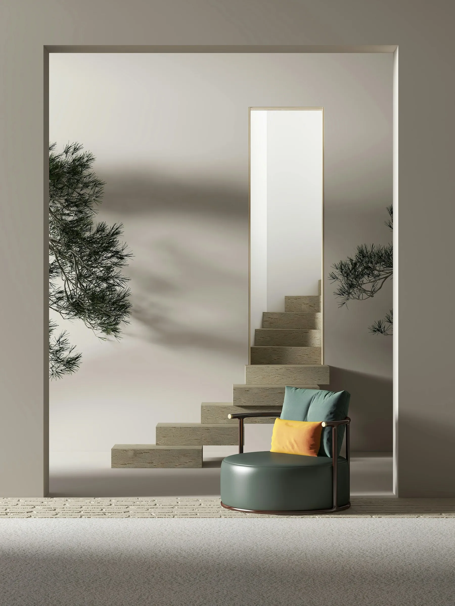 A quiet interior with a pale plaster wall, a stone stair and a single armchair